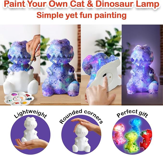 Goody King Paint Your Own Cat & Dinosaur Lamp Art Kit 2pcs, DIY Night Light, Christmas Crafts for Teens, Painting Kit for Girls Boys Age 4 5 6 7 8+, Art Supplies Cat Craft Gift for Birthday, Party