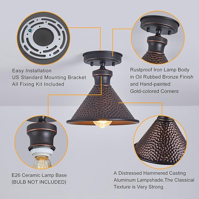 9.2" Industrial Semi Flush Mount Ceiling Light,Vintage Hammered Pattern Cast Aluminum Shade,1-Light E26 Classic Lamp,Oil Rubbed Bronze Farmhouse Lighting for Hallway Kitchen Entryway.