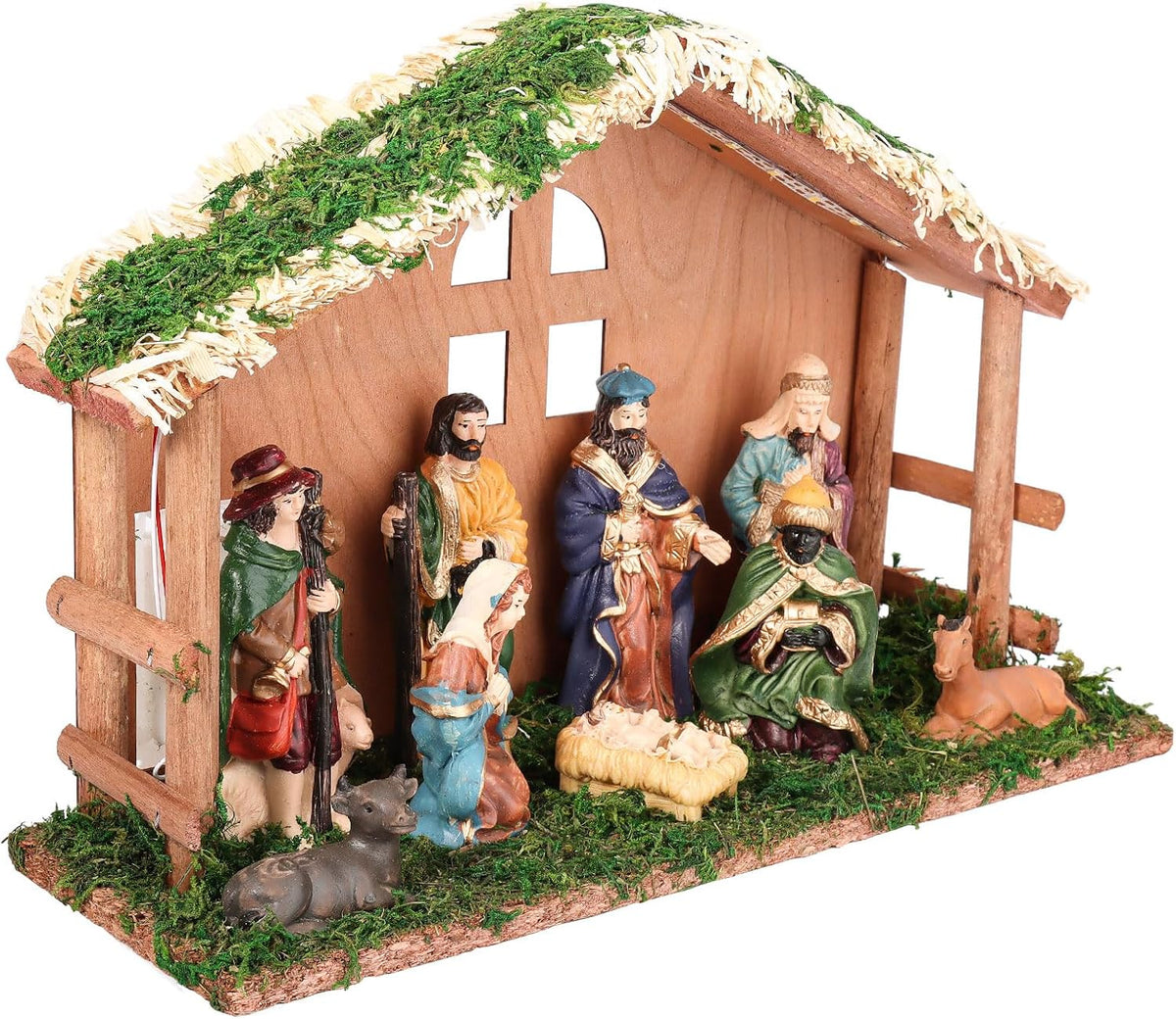 Regine Switzerland Lighted Christmas Nativity Set - Indoor Wooden Stable & Figures for Festive Tabletop Decor