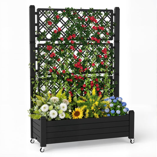 PatioZen Raised Garden Bed with Trellis, 21 Gallon Self Watering Planter Box with Lockable Wheels & Drainage Holes for Climbing Plants Vegetables Flowers, Anti-Rust Resin for Backyard Patio (Black)