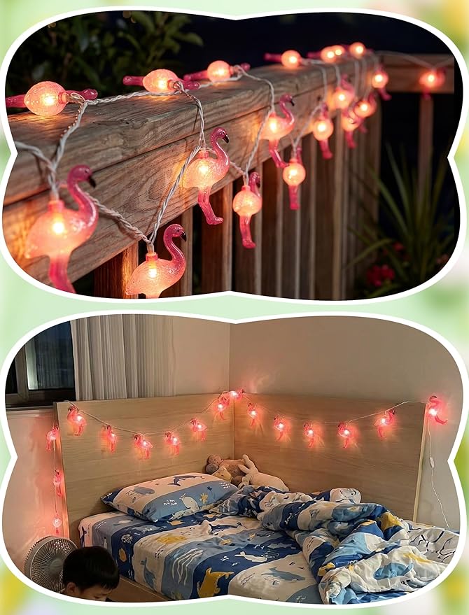 8.5Ft Pink Flamingo String Lights, Summer Tropical Themed Decorations String Lights with 10 Plastic Bulbs, Hanging Spring Camping Lights for Indoor Outdoor Patio Party Birthday Wedding Holiday Decor
