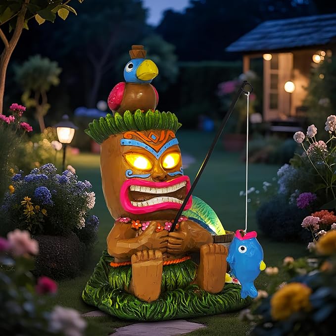 Solar Tiki Garden Statues: 8'' Funny Tiki Bar Decor with Solar Light Outside Decoration for Lawn Yard Patio Garden Gifts for Housewarming (Fishing)