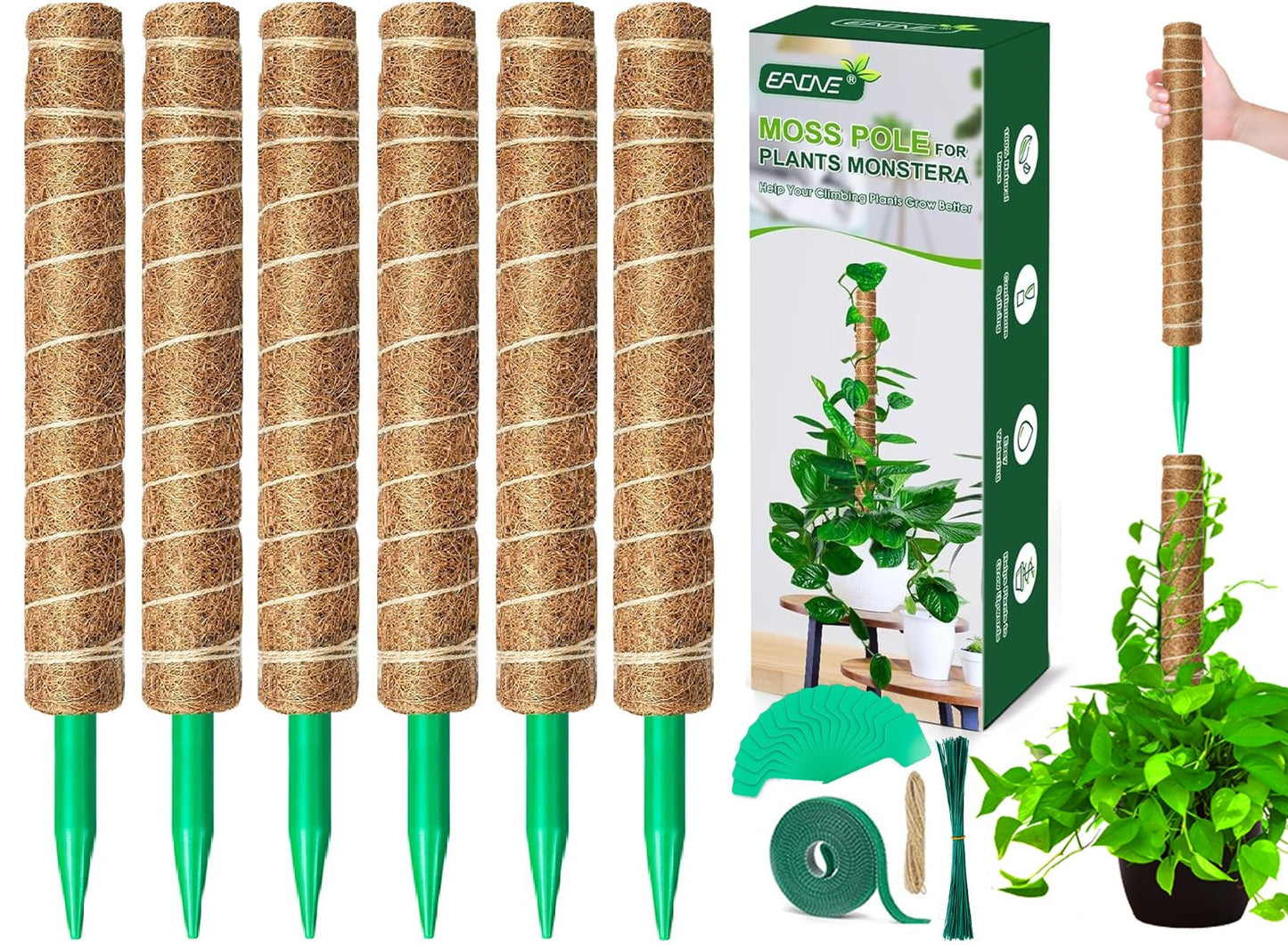 EAONE Moss Pole 126 Inch, 6 Pack 21" Monstera Plant Support for Climbing Potted Live Plants Indoor, Stackable Coco Coir Moss Sticks Monstera Stakes for Pothos Philodendron, with Garden Labels & Ties