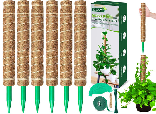 EAONE Moss Pole 126 Inch, 6 Pack 21" Monstera Plant Support for Climbing Potted Live Plants Indoor, Stackable Coco Coir Moss Sticks Monstera Stakes for Pothos Philodendron, with Garden Labels & Ties