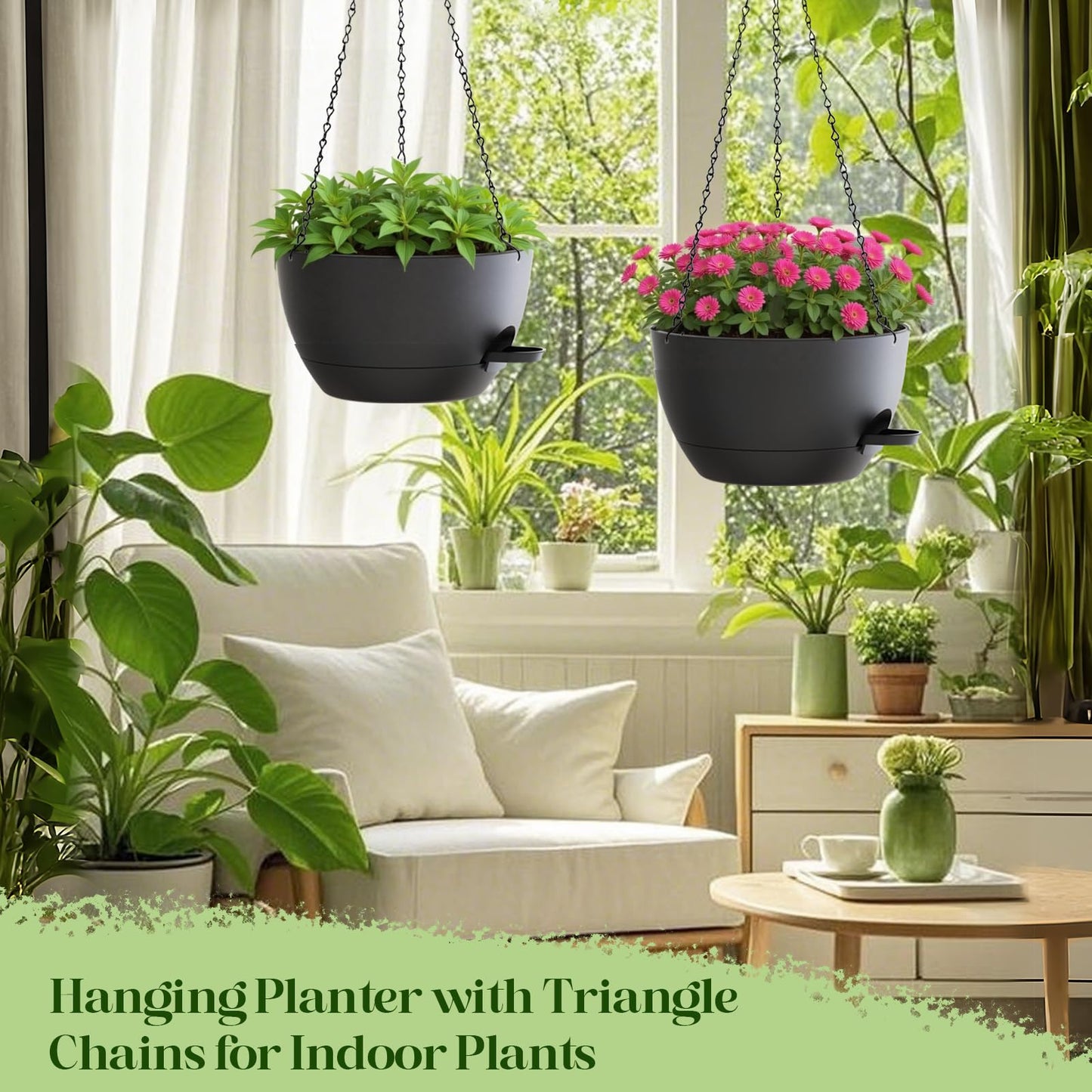 zople 2 Pack 10 Inch Self Watering Hanging Planters for Indoor Plants, Large Black Plastic Hanging Pots with Chains for Outdoor Patio Garden Home Decor (Black)