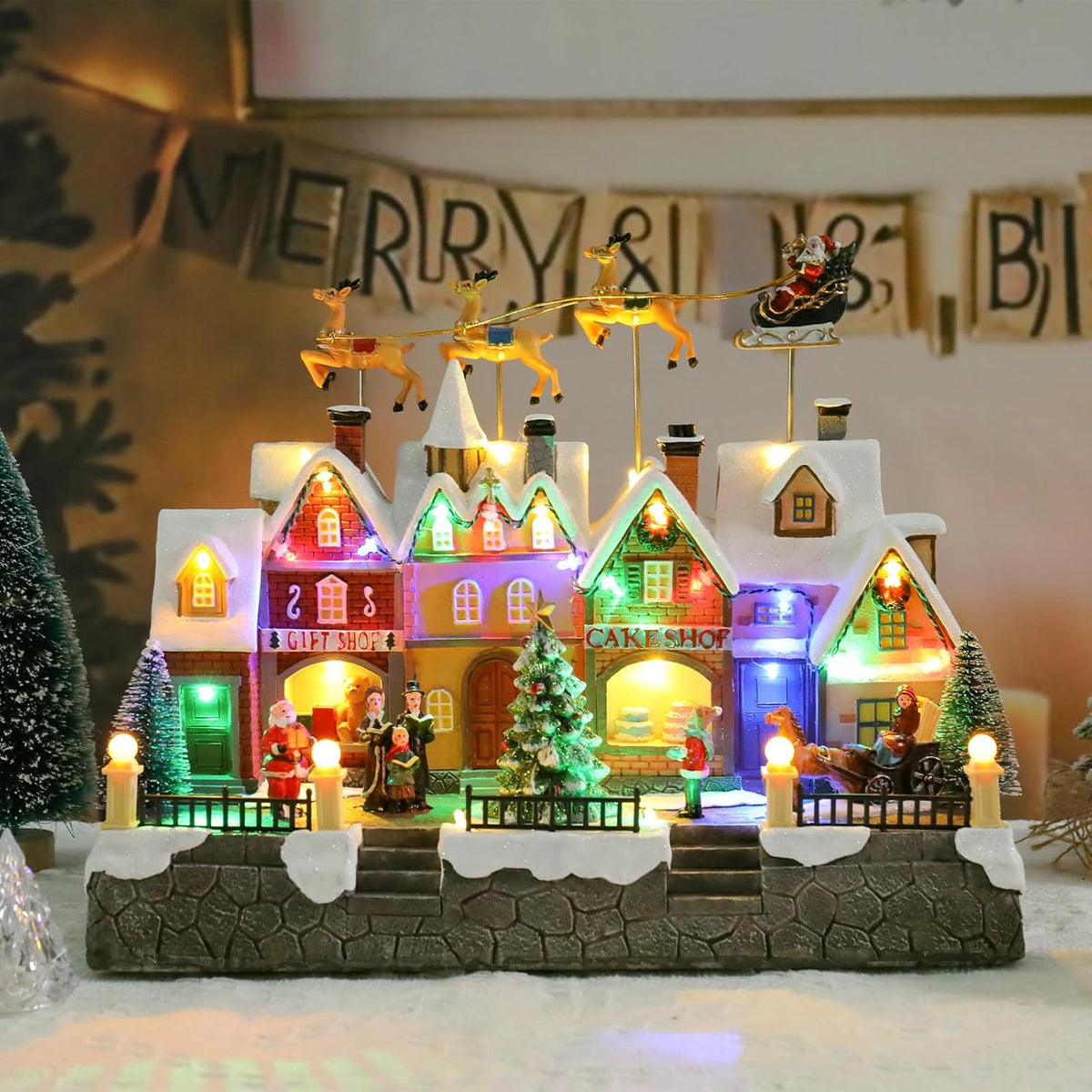 MUMTOP Christmas Village House - Light-Up Animated Town with Flying Reindeer & Santa Sleigh | Holiday Tabletop Decor