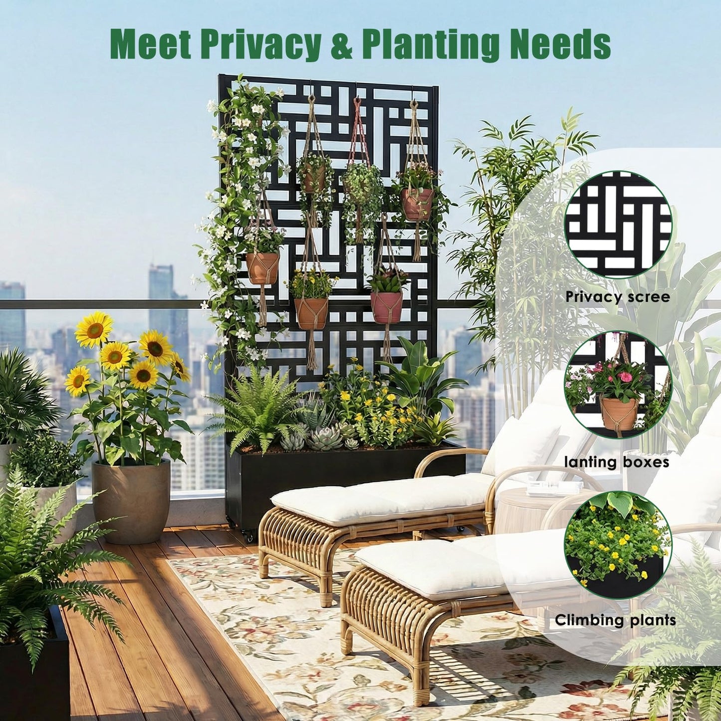 Hubxinly 70.87x35.43x15.75 Inch Metal Planter Box with Trellis and Wheels Privacy Screen Planter with Drainage Holes Outdoor Garden Box for Climbing Plants Vine