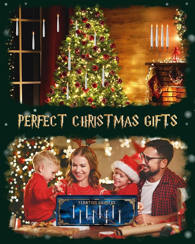 Floating Candles with Wand 20PCs -Christmas Magic Hanging Flameless Candles Taper Candles with Remote for Halloween Window Home Bedroom Birthday Party Decorations