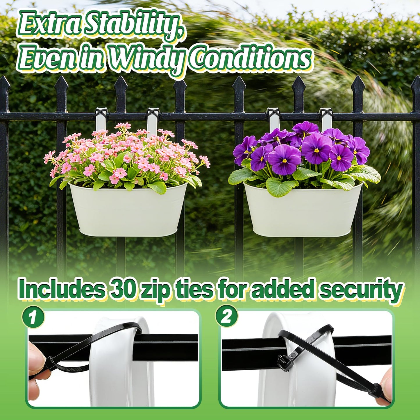 MADHOLLY Railing Planter with Drainage Holes - Sturdy Bucket Pots for Railing Fence, Countryside Style Metal Flower Pots for Herbs Balcony Garden Yard Decor, 4Pcs, White