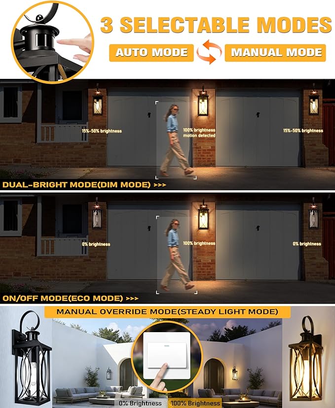 DBF Motion Sensor Outdoor Lights Wall Mount, Dusk to Dawn Exterior Light Fixture, Anti-Rust Waterproof Outside Porch Lights with Glass & E26 Socket Wall Sconce for House Garage Patio Doorway, Black