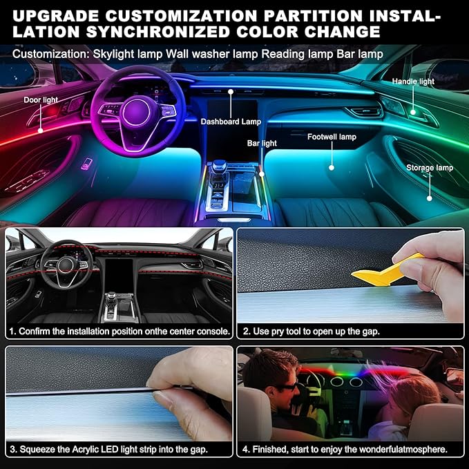 Dreamcolor Acrylic Interior Car LED Strip Light with Wireless APP, RGB 14 in 1 with 175 inches 593 Neon Car Ambient Lighting Kits, Dynamic Chasing Music Sync LEDs Fiber Optic Strip Lights for Car