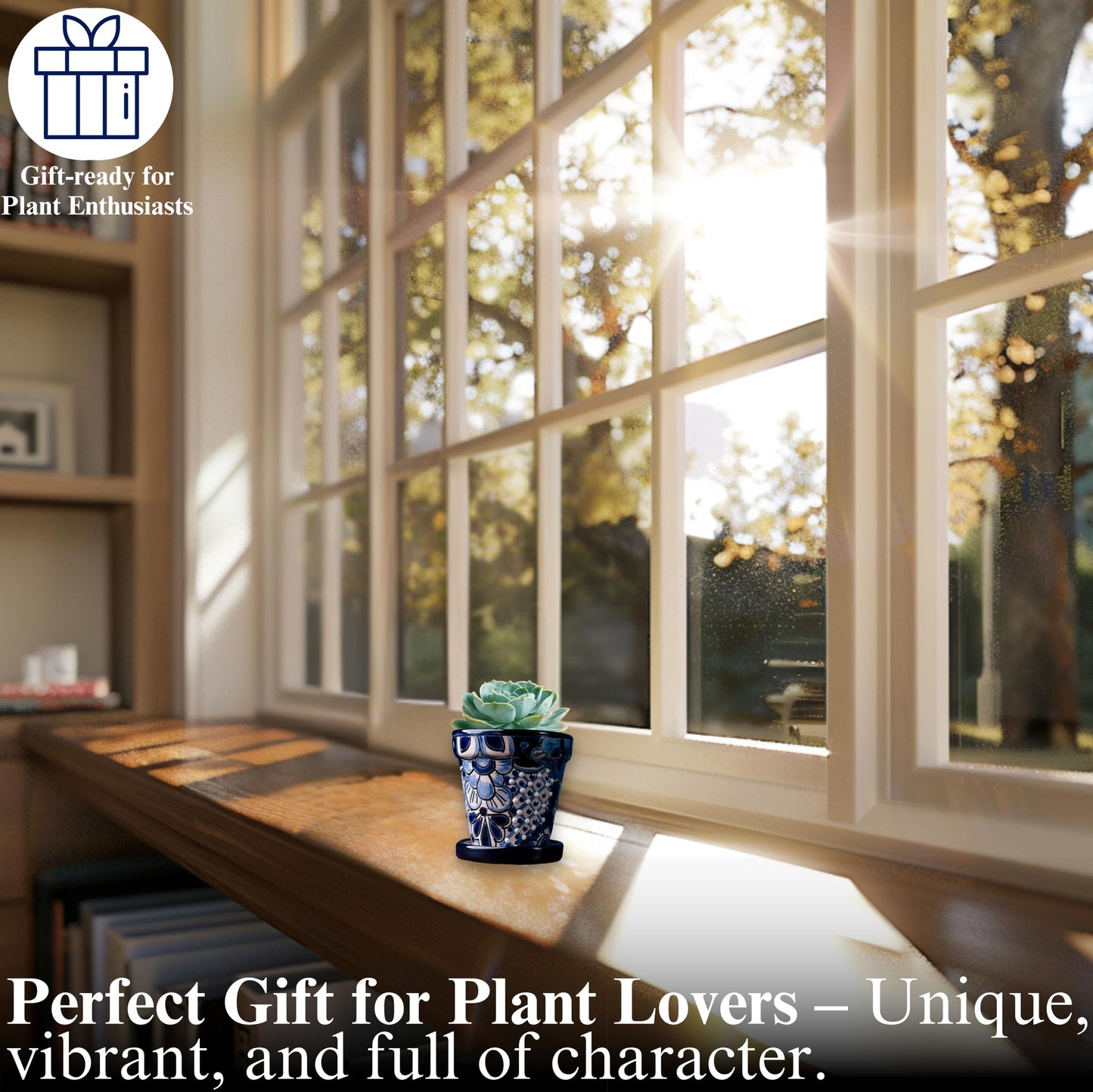 COBAZUL Mexican Pottery Planters - Talavera Planter - Succulent Pots - Ceramic Pots for Plants Indoor & Outdoor with Drainage Hole and Saucer - 4'' W x 4" H (White & Blue-Small)