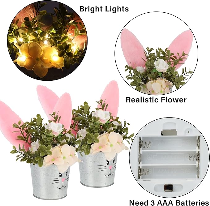 Prsildan 2 Pcs Easter Table Decorations Artificial Flower with Bunny Ear, Lighted Desk Decor Bunny Flowers, Easter Tabletop Decorations for Home Table Mantle Office Spring Party