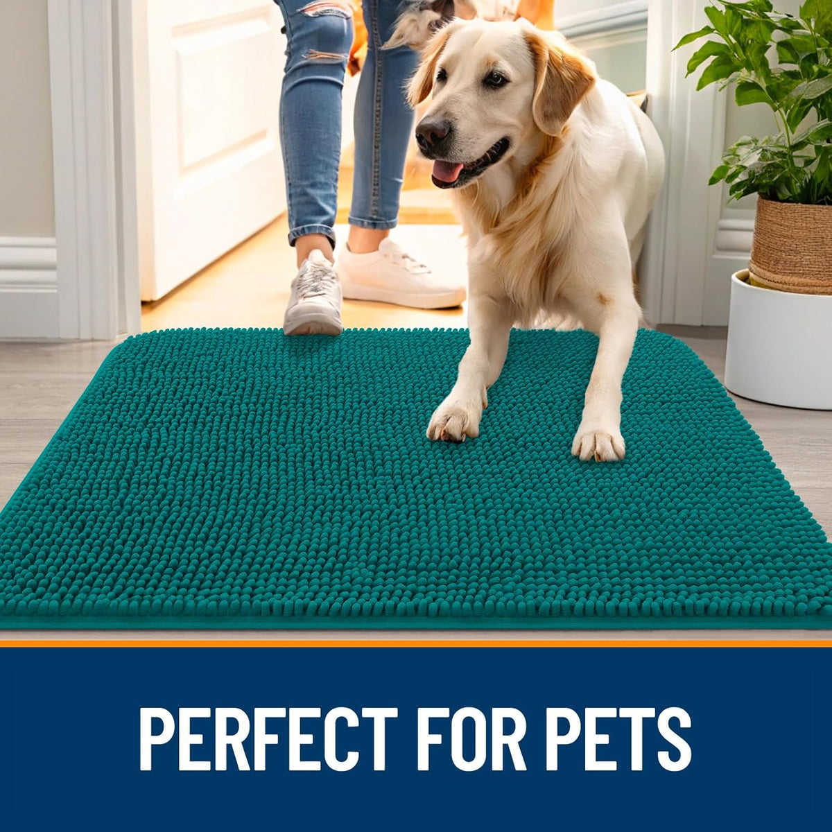 OLANLY Dog Door Mat - Absorbent Non-Slip Chenille for Muddy Paws | 34x21, Quick Dry Indoor Entryway Carpet, Lake Blue