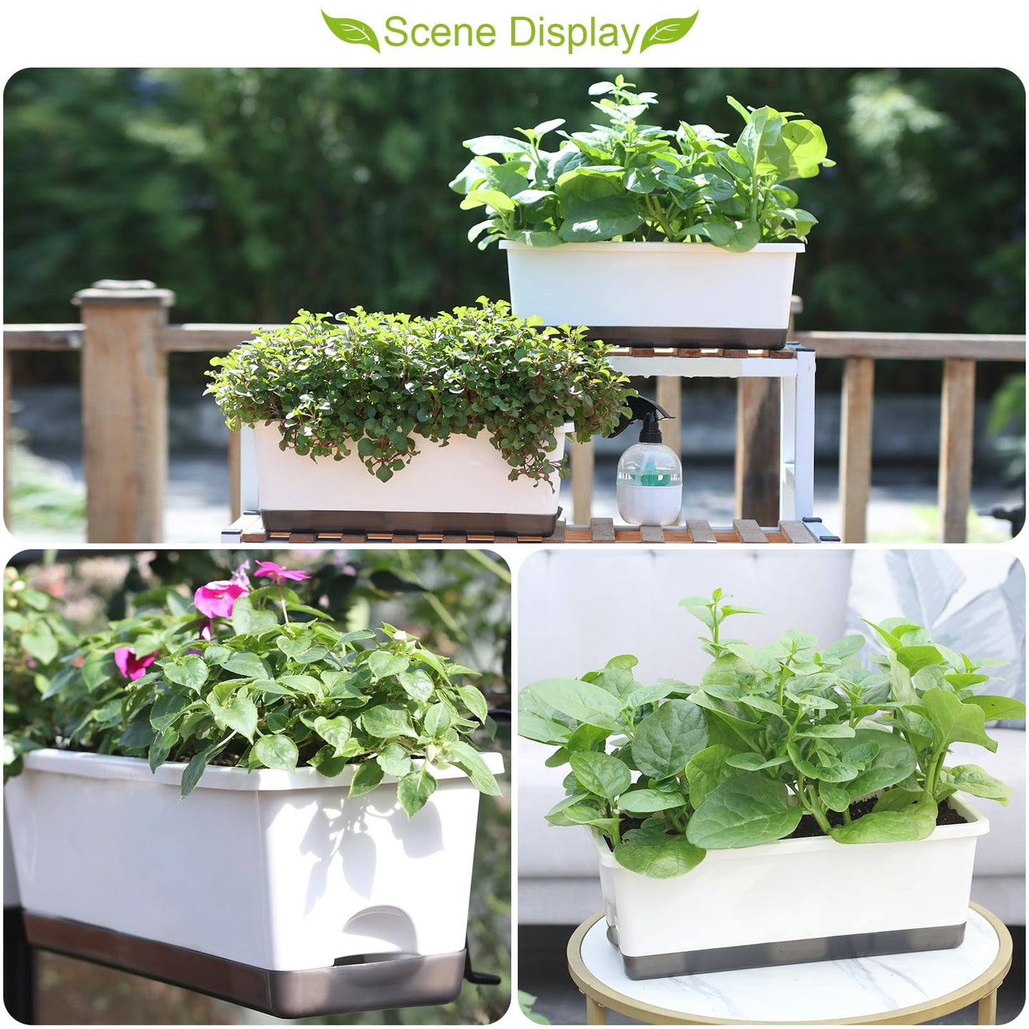 Oliz Window Box Planter 8 Pcs, 17 Inches Rectangle Flower Pots with Drainage Holes & Trays, Vegetable Planters for Windowsill Patio Garden Balcony Home Indoor Outdoor (White, 16 * 7 * 6 inch)