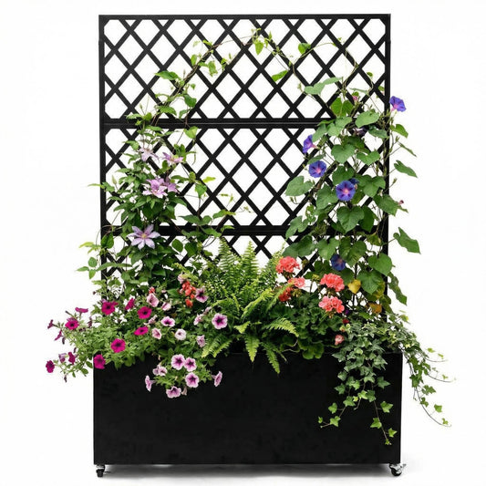Amenitlif Galvanized Steel Raised Garden Bed with Trellis, Large Outdoor Planter Box with Lockable Casters & Drainage Holes, Privacy Screen Planter for Climbing Plants, 71"X35"X16"