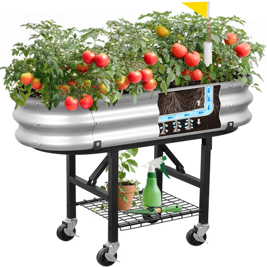 Self-Watering Raised Garden Bed with Legs and Heavy Duty Wheels, Easy-Install Planter Box with Foldable Stand, Galvanized Metal Elevated Wicking Bed with Liner for Indoor Outdoor Gardening
