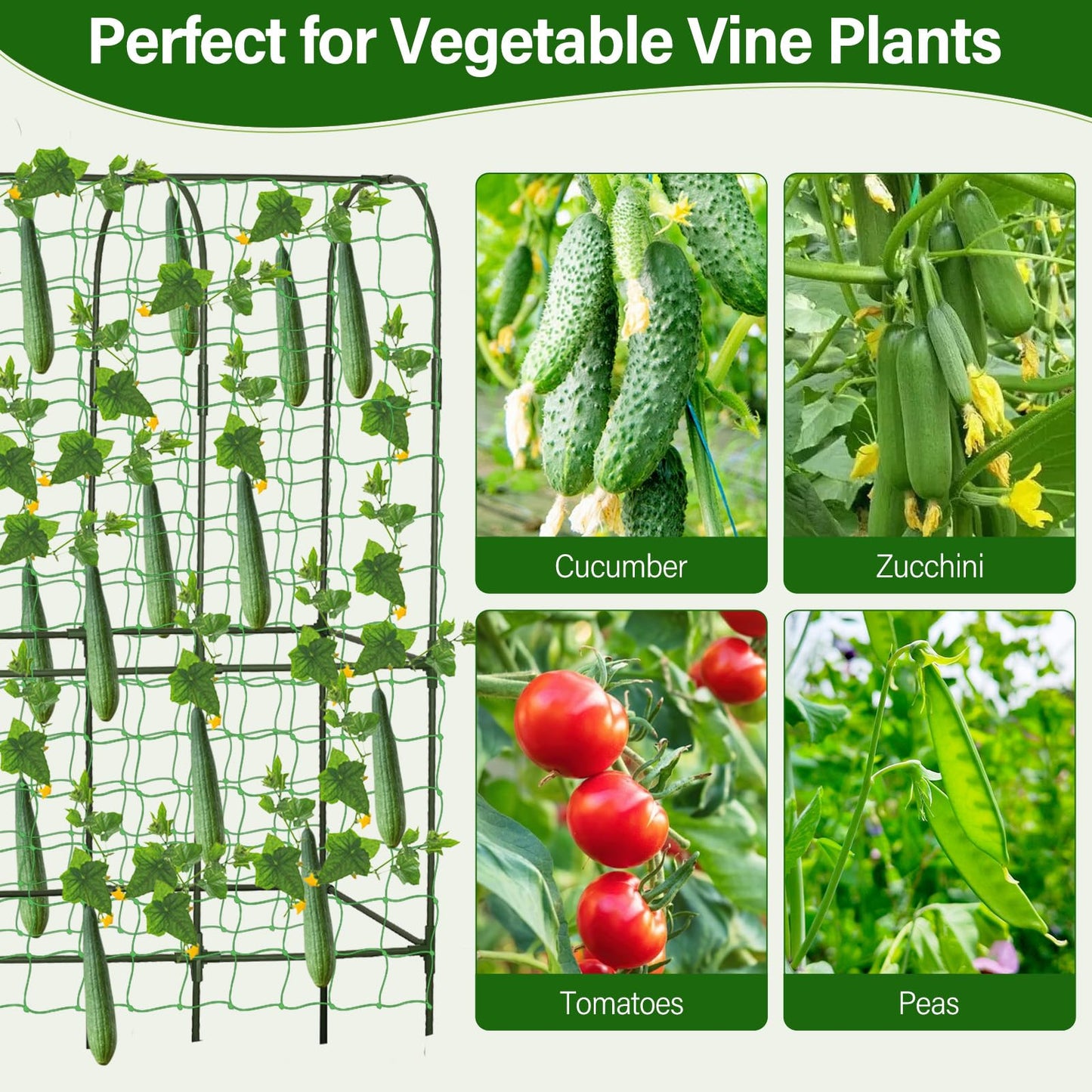 Cucumber Trellis for Climbing Plants Outdoors, U-Shape Large Garden Frame Trellis with Planter for Raised Bed Vegetable Fruit Grow Support,65 (H) x 50(L) inches, Includes Netting Ties Gardening Tools