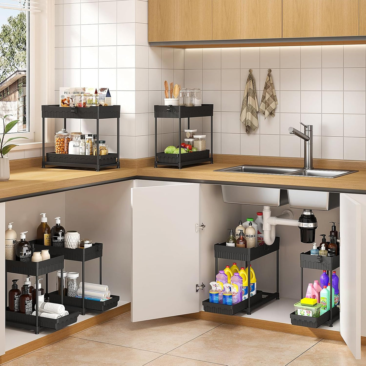 Sevenblue Under Sink Organizer - 2 Tier Multi-Use Pull Out Cabinet Storage | Black, 4 Pack