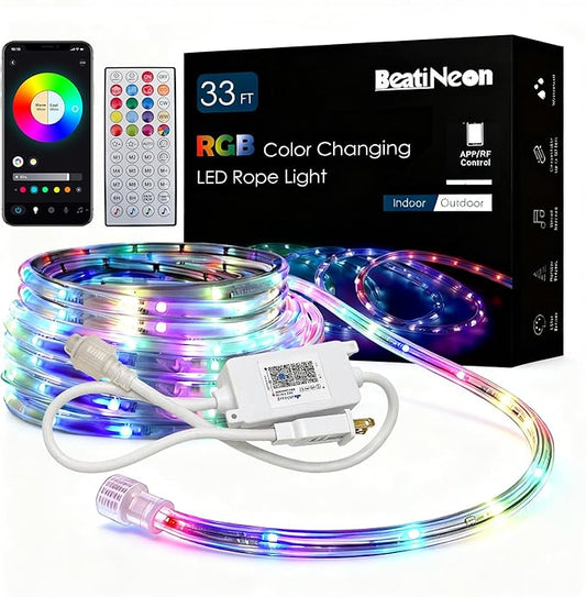 RGB Smart IC Strip Lights with APP Control, 33FT RGB+IC LED Color Changing Rope Lights Outdoor, Waterproof Neon LED Music Sync Flexible Tube Light for Bedroom Living Room Patio Christmas Hoilday