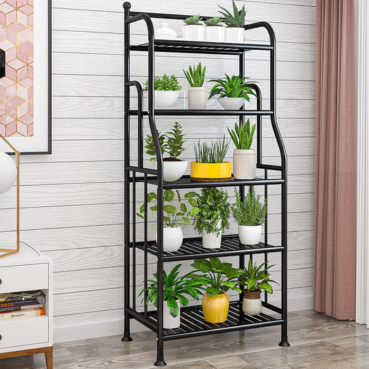 TIE-DailyNec 5 Tier Metal Plant Stand Iron Flower Pots Holder Storage Shelf, Planter Display Rack Indoor and Outdoor Multiple Shoe Organizer for Garden Balcony Living Room Kitchen Bathroom (Black)