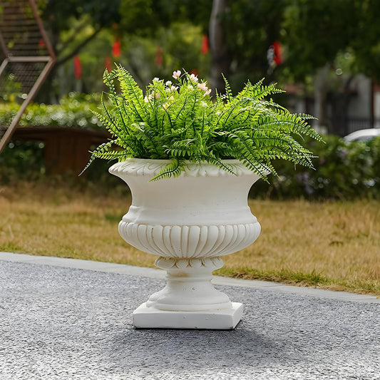 Large Urn Planter – White Vintage Magnesium Oxide Pot with Drainage for Indoor & Outdoor Garden, Entryway, Walkway Decor