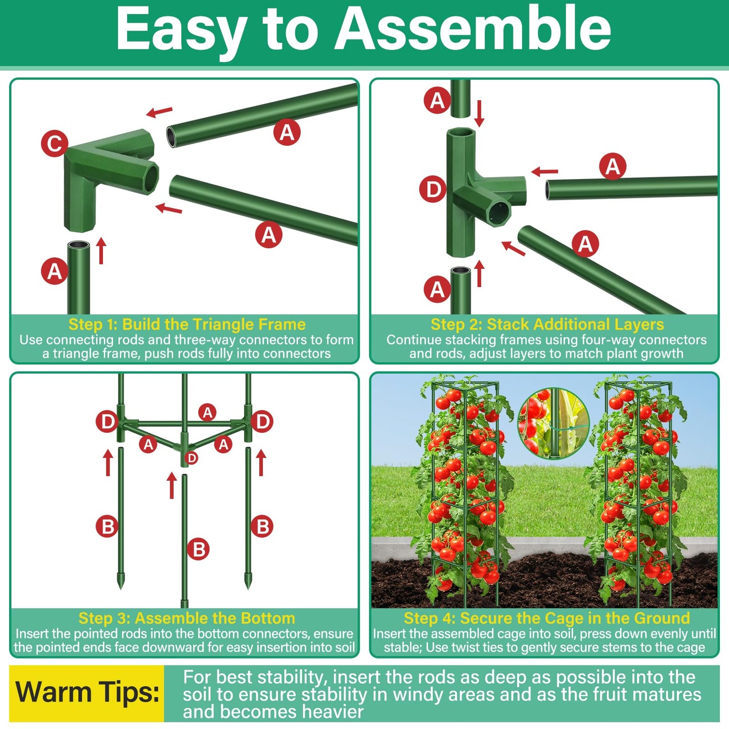 Legigo 6 Pack 65 Inch Tomato Cage for Garden, Heavy-Duty Tomato Trellis Plant Support Stakes, Adjustable Garden Trellis Plant Cage for Climbing Plants Peppers Outdoor Raised Garden Bed and Vegetables