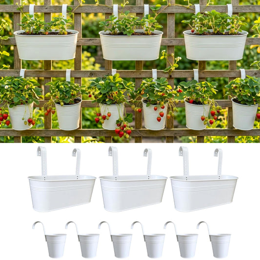 LaLaGreen 17 Inch Rail Planter (9-PIECE COMBO SET) Large White Metal Hanging Rail Fence Flower Pots, Modern Balcony Railing Planter Garden Style Iron Patio Planters Outdoor Deck Decoration Porch Decor
