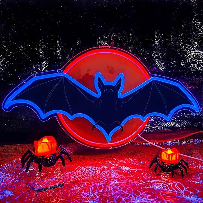 Bat Moon Halloween Window Lights Neon Signs for Indoor Wall Decor, Halloween LED Neon Light Decoration Sign for Party Doors Window (Moon Bat)