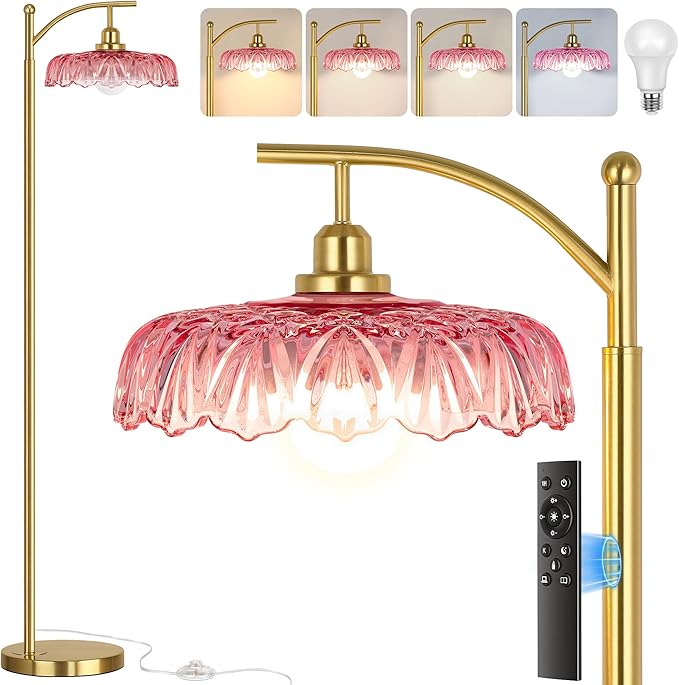 Gold Floor Lamp for Living Room, Dimmable Mid Century Modern Standing Lamp with Remote Control and Pink Glass Shade, 68" Tall Lamp for Bedroom, Vintage Retro Antique Glass Flower Lamp, Brushed Gold
