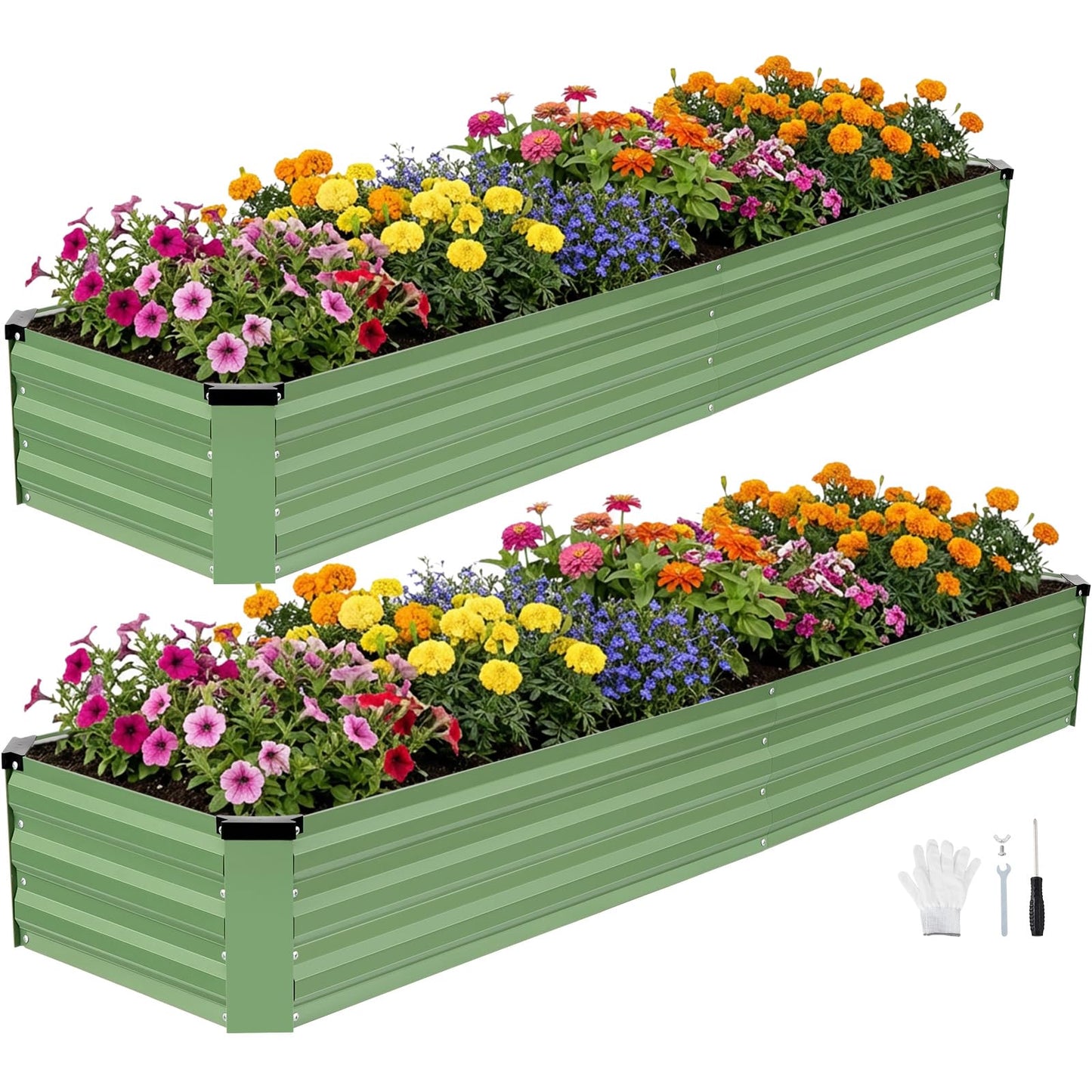 INNO STAGE Galvanized Raised Garden Bed Kits, 8x2x1ft Metal Raised Garden Beds Outdoor, Large Steel Raised Planter Bed with Gloves for Vegetables & Flowers Patio Ground Planter Box(Olive Green, 2PCS)