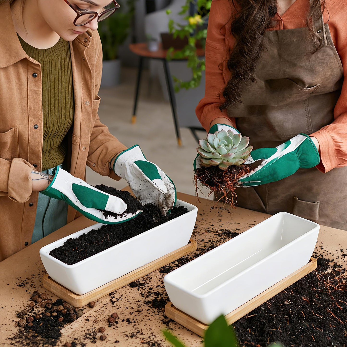 ARVINKEY White Ceramic Succulent Planters, Indoor and Outdoor Succulent Planters, Set of 2 Cactus Containers, Bonsai Pots, Flower Pots with Drainage Hole and Bamboo Bowl (No Plant)
