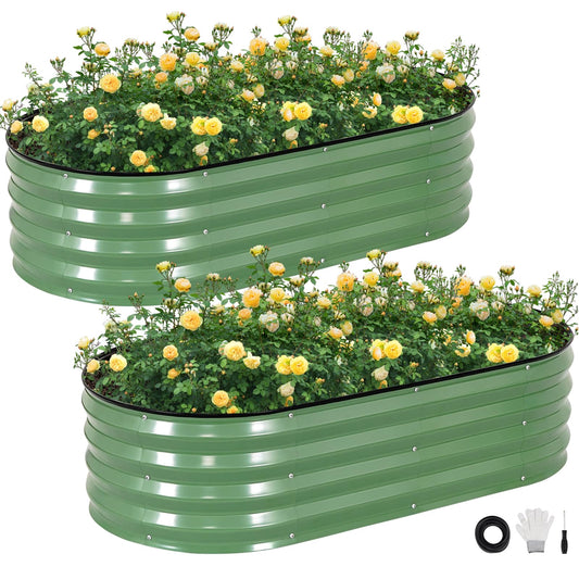 STBoo Galvanized Raised Garden Bed Outdoor, 2Pcs 4x2x1ft Oval Planter Box with Rubber Strip, Metal Raised Bed Kit for Vegetables Flowers Herbs, Olive Green