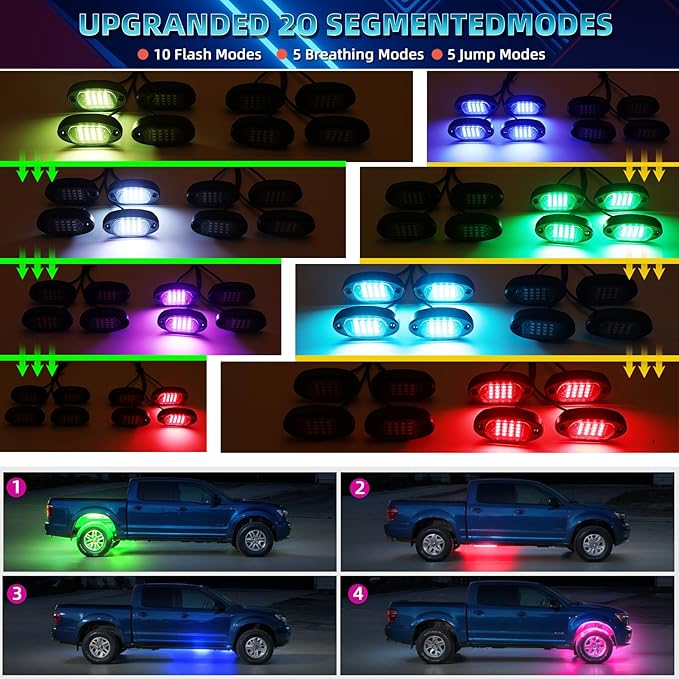 12 Pods RGB LED Rock Lights for Trucks Pickup Offroad Golf Cart SUV UTV, 6500K Super Bright, IP68 Waterproof, Segmented Color Change APP Control Underglow Kit with Power Swith Extension Wires, 12V