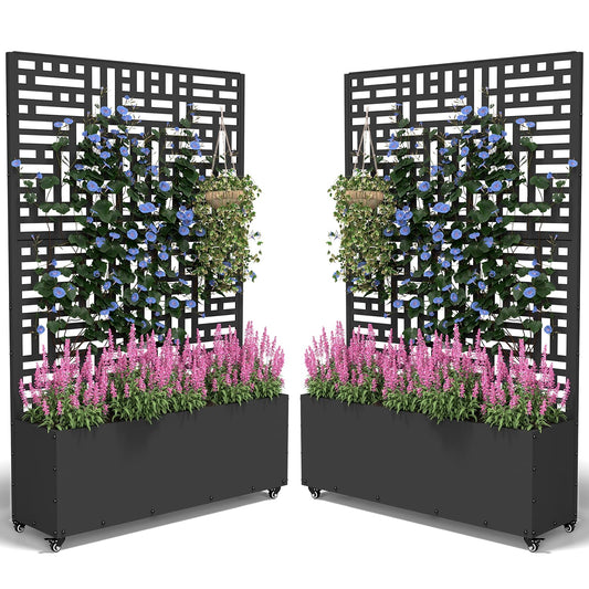 FOLAWO Metal Planter Box with Trellis,70.9"x47.2"x15.7" Raised Garden Bed with Drainage Holes, Privacy Planters for Outdoor Garden Bed for Climbing Plants,Vegetables,and Vines,2PCS,Black-Modular