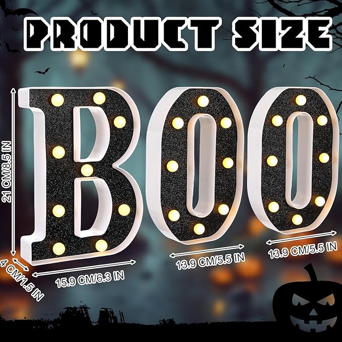 Baquler 3 Pcs Halloween Boo Decorations Light up Boo Sign Marquee LED Letters Lights Decor for Halloween Outdoor Home Room Kitchen Fireplace Tabletop Party Supplies (Black)