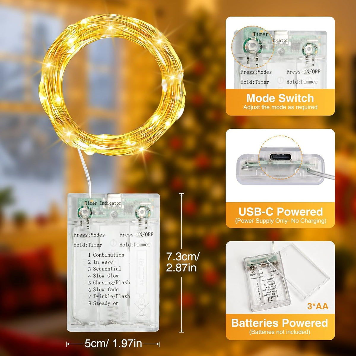 Skiennix 16FT Fairy Lights - 50 LED Battery Operated String Lights with Timer & 8 Modes | Warm White for Holiday Decor