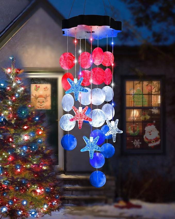 Toodour Solar Decorative Lights Outdoor, Red White Blue Shells Lights Gifts for Mom Grandma Women Wife Girls, Solar Wind Chimes Outside Decorative Mobile Light for Garden Porch Yard Window Decor