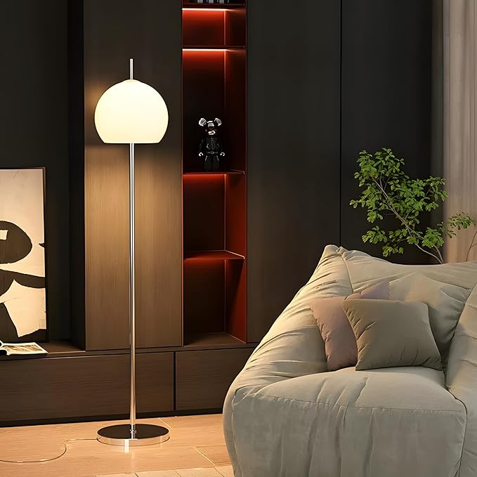 Bofea-White Floor Lamps for Living Room,Modern Milk Glass Standing Lamp with Foot Switch,3 Color Temperature Couch Reading Floor Lamp,Nightstand Light,Chrome Pole Tall Lamp,Mushroom Lights for Bedroom