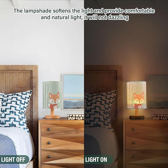 Fustylead Cute Fox in Forest Cartoon Animal Bedside Table Lamps with USB Port for Bedroom LampSmall Nightstand Lamp Sturdy Linen Shade Wooden Base Decorative Lamps for Nursery Kids Reading Dorm Home