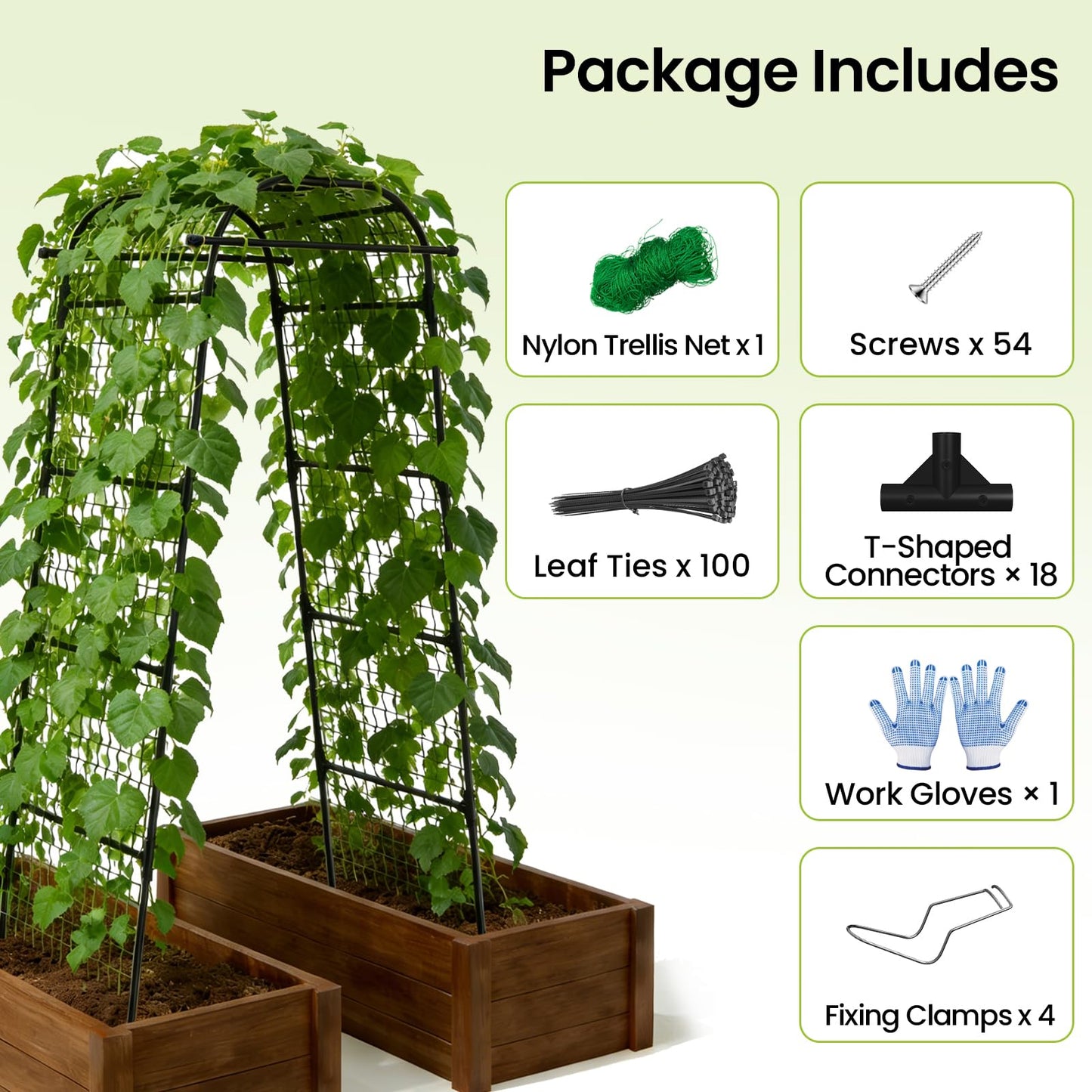Garden Arch Trellis 83" H x 49" L x 31.5" W Heavy-Duty Plant Support with Nylon Netting & 100 Leaf Ties – Reusable Climbing Trellis for Tomatoes, Cucumbers, Beans & Flowers