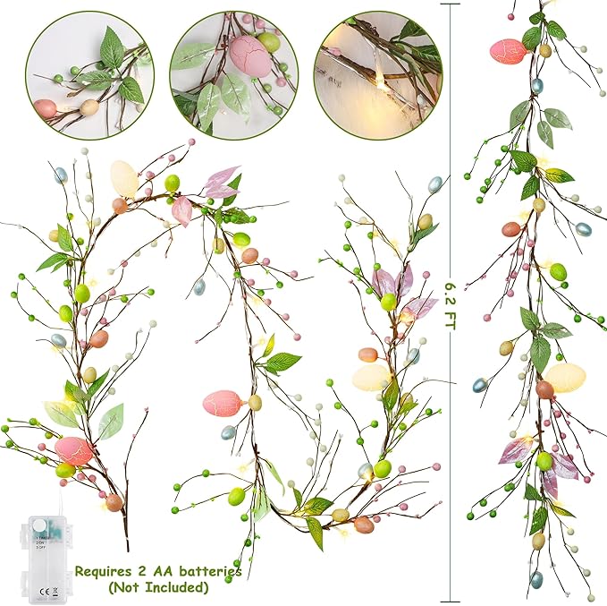 ATDAWN 6 FT Easter Egg Christmas Garland, 2 Pack Battery Operated Eggs Christmas Garland Lights for Easter Holiday Decoration, Spring Home Decoration