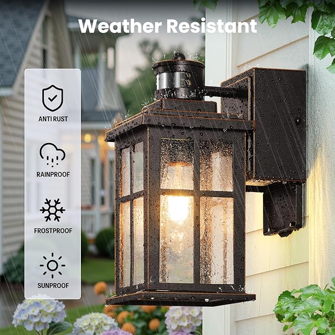 Gleamz Motion Sensor Outdoor Sconce Lights with GFCI Outlet, Farmhouse Oil Rubbed Bronze Gold Trim Dusk to Dawn Exterior Lighting Fixtures Wall Mount for House, Anti-Rust Front Porch Light for Garage