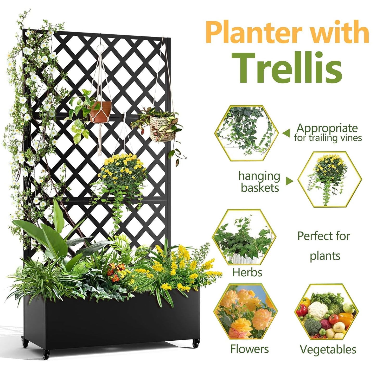 GAOMON Metal Planter Box with Diamond Lattice Trellis & Wheels, Raised Garden Bed w/Privacy Screen & Drainage Hole for Climbing Plants, Flower & Vine (72 in x35 in Black)