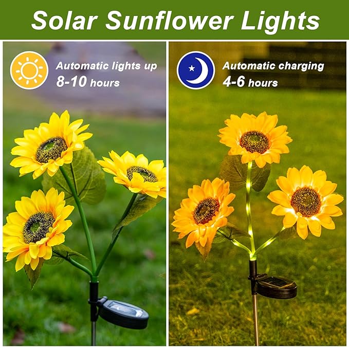 Solar Powered Sunflowers for Outside, Auto ON/Off Solar Garden Lights Outdoor Waterproof, 3 Packs Walkway Solar Lights with 9 Sunflowers for Garden, Yard and Lawn Ornaments