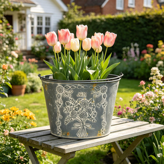 Xynthorvex Vintage Embossed Metal Planter Pot with Handle, Rustic Farmhouse Flower Bucket, 11.81" Decorative Garden Pot for Indoor Outdoor Plants, Succulents, Herbs, Home Decor Accent