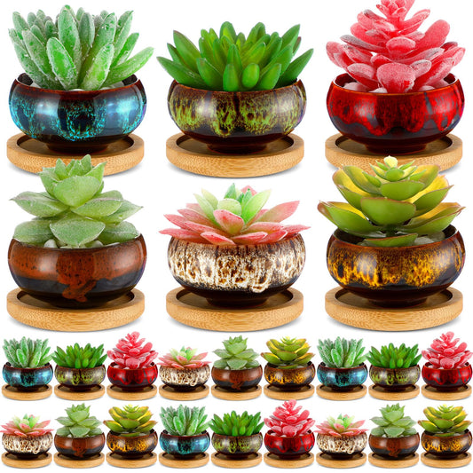 RimCereal 24 Pcs Ceramic Succulent Pots 2.5 Inch Small Plant Pots Indoor with Drainage and Bamboo Saucers Colorful Succulent Flower Planters for Garden Plants Home Decor