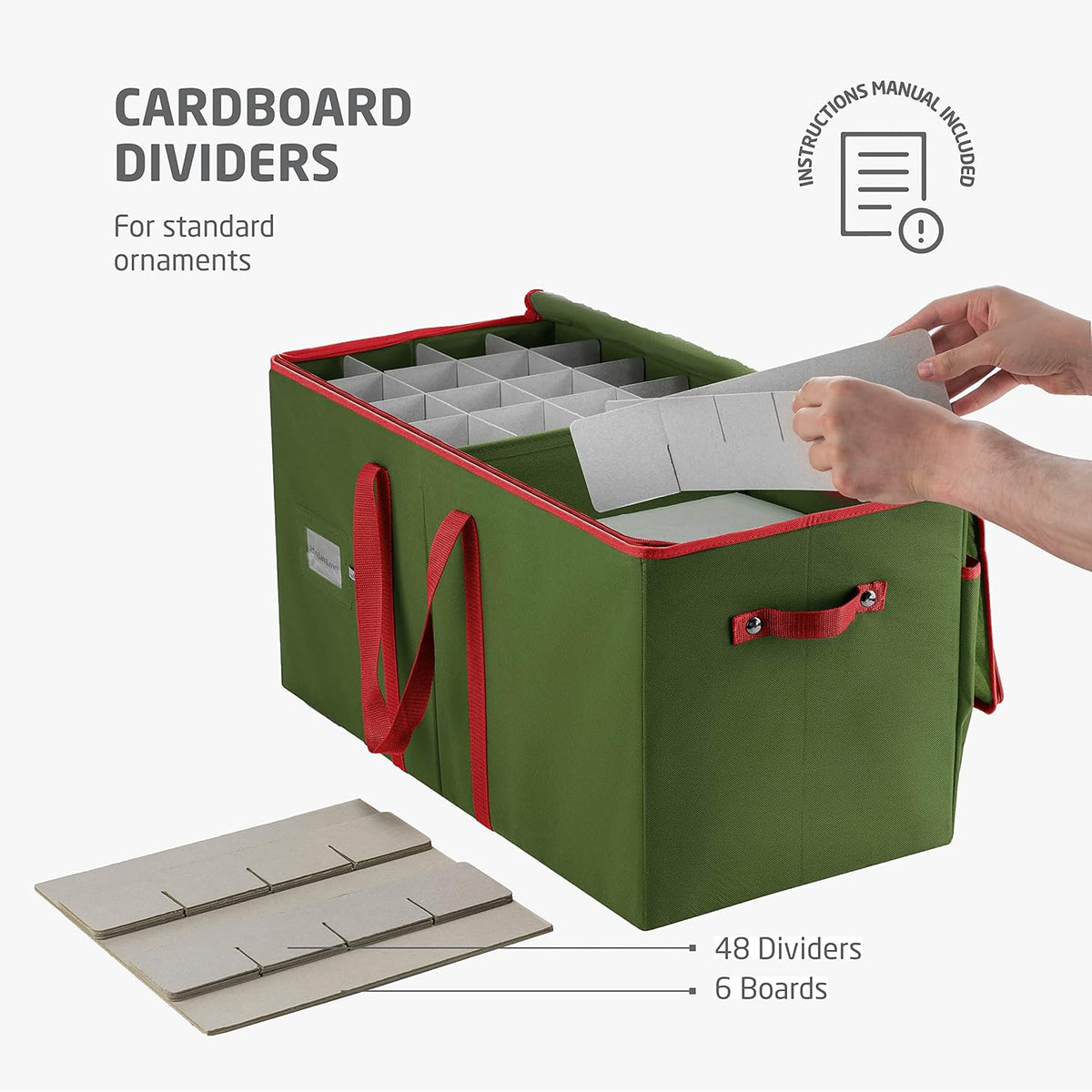 ZOBER Large Christmas Ornament Storage Box - Organize 128 3" Ornaments with Dividers - Durable Green Container with Extra Pockets & Dual Zipper