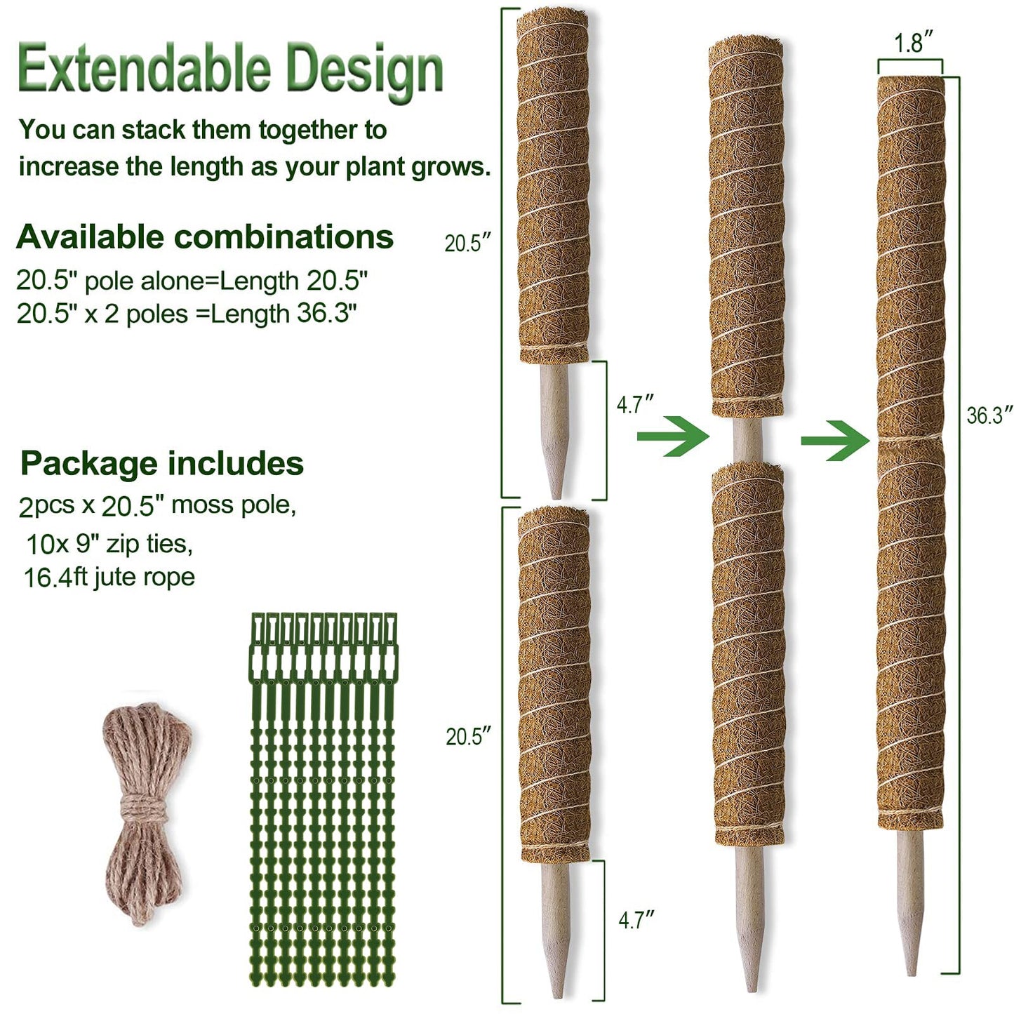 Fabulas Moss Pole 36 Inch - Monstera Plant Support, 2 Pack 20.5 Inch Plant Stakes for Indoor Plants Coco Coir Moss Pole Sticks for Climbing Potted Live Plants, Pothos, Philodendron, with Garden Ties
