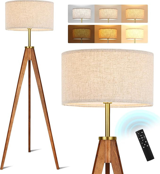 ELYONA Floor Lamp for Living Room, Solid Ash Wood Tripod Floor Lamp with Remote Control, Stepless Dimmable Standing Lamp for Bedroom, Office, Tall Lamp with Linen Shade, Mid Century Modern & Farmhouse
